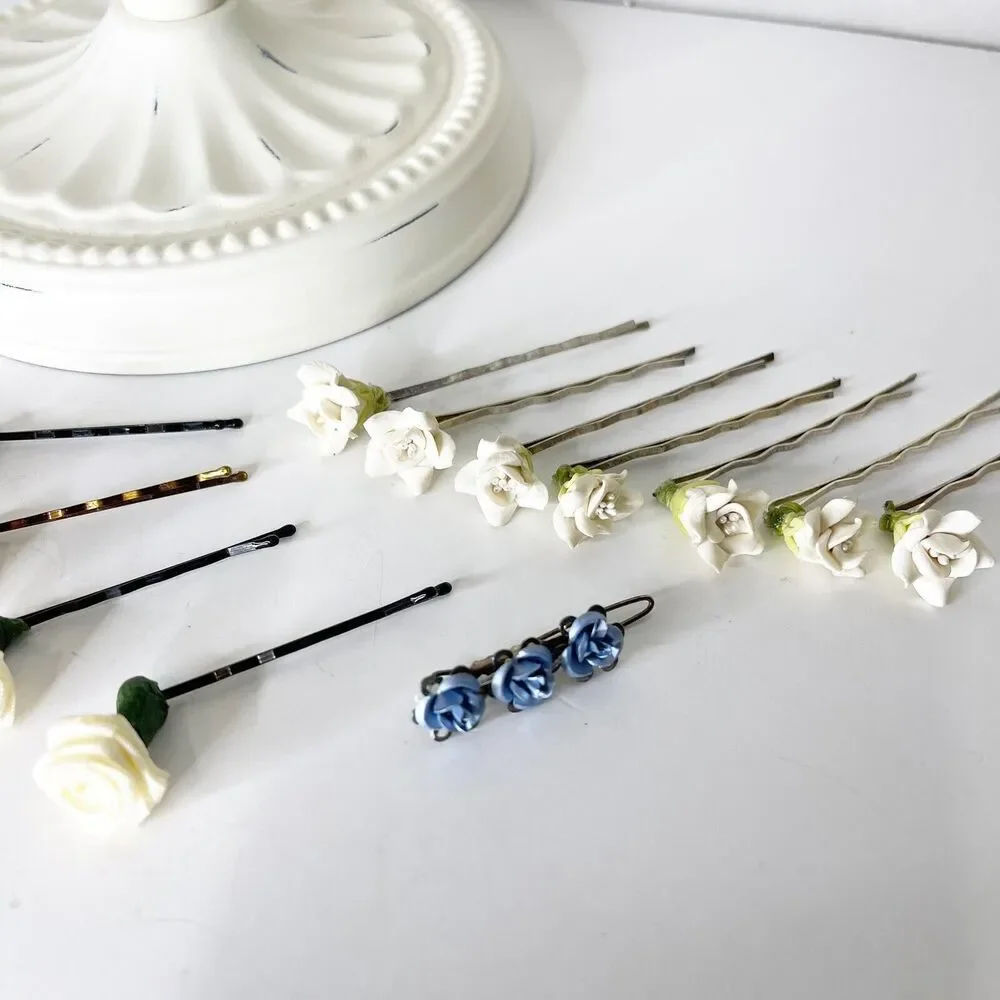 Lot of 12 Vintage 90s‎ Enamel Silk Bobby Pins Flower Y2K Fashion Glam Fairy Boho